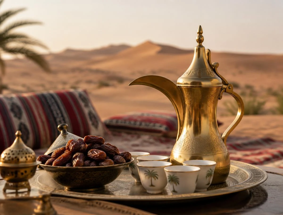 Arabic coffee and dates prepared for a desert welcome