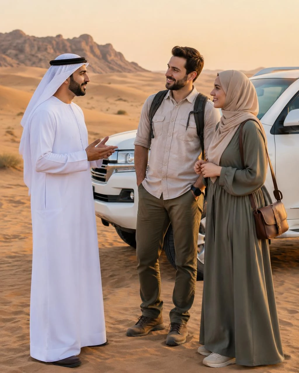 A local host welcoming travellers beside a desert vehicle