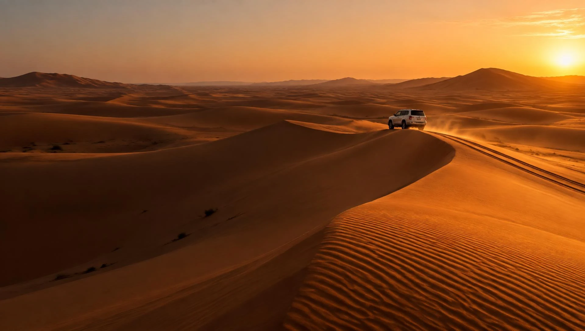 Four-wheel drive crossing Dubai desert dunes at sunset
